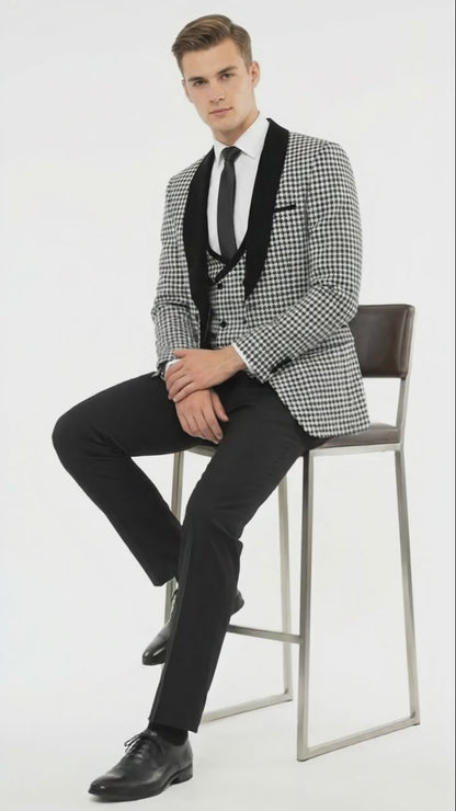 Mens Black and White Houndstooth Tuxedo Set with Velvet Shawl Lapel | 3-Piece Formal Suit with Double-Breasted Vest