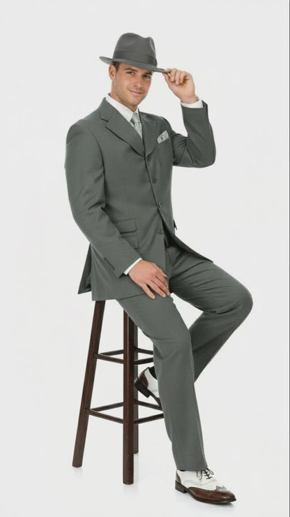 Mens 1920s Gray Zoot Suit   4 Buttons  Gangster Wide Lapel Long Jacket 3-Piece Suit in Grey Color Classic Fit Pleated Pants