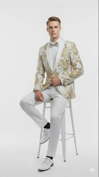 Mens White and Gold Floral Tuxedo Jacket with Satin Lapel  Luxury Prom, Wedding and Formal Dinner Blazer