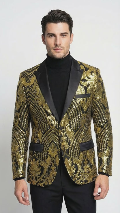 Mens Black and Gold Pattern Blazer – Gold Floral Luxury Formal Blazer Jacket for Prom, Wedding and Party Slim Fitted