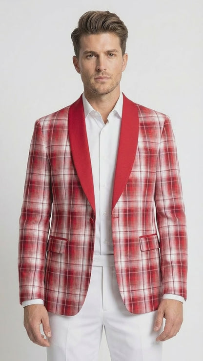 Mens Tartan Red and White Plaid Blazer – Check Pattern Sport Coat Red Shawl Lapel Party Christmas Holiday New Year