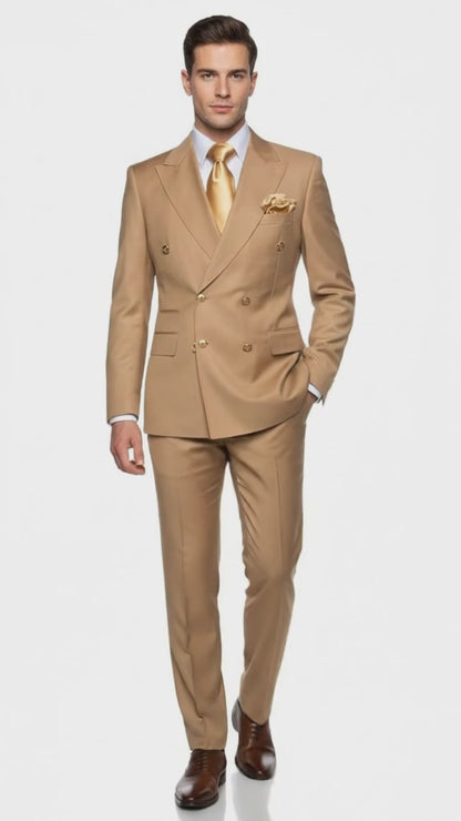 Mens Camel - Bronze - Goldish khaki Double-Breasted Suit  Luxury 2-Piece Formal Set with Gold Buttons and Peak Lapels by Rossi Man