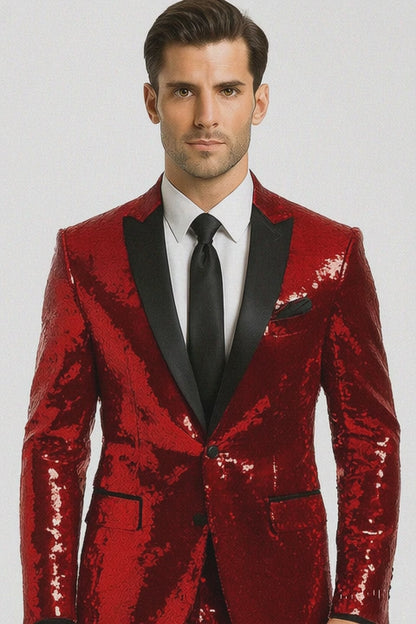 Mens Sequin Suit - Red Tuxedo - Party Suits - Stage Suit