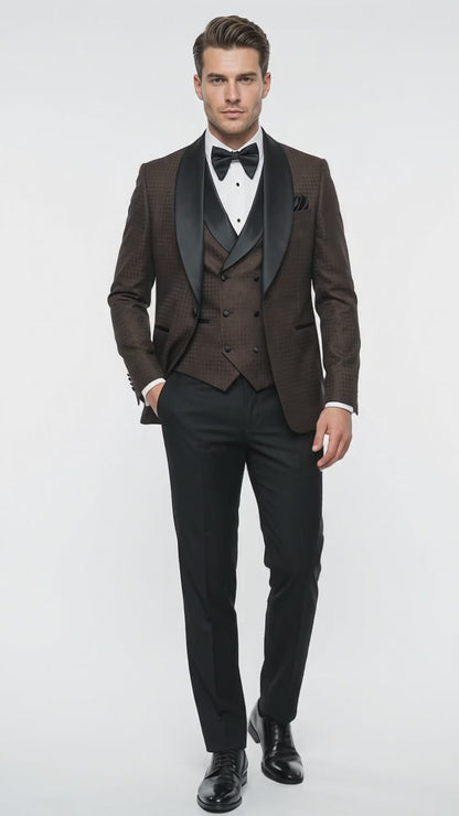 Men’s Chocolate Brown Tuxedo Suit – 3 Piece Shawl Lapel Wedding, Prom and Formal Dinner Tuxedo