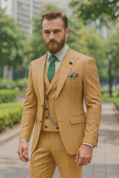 Trendy Plaid Yellow Three-Piece Suit  Mens Slim Fit Formalwear