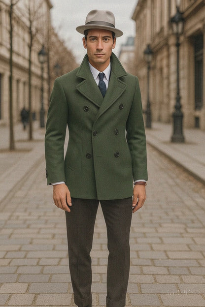 Olive Green Designer men's Wool Peacoat Sale Double Breasted Wool Fabric