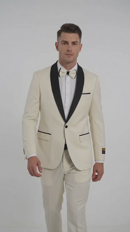 Men’s Ivory Prom Tuxedo Dinner Jacket, Black Shawl Lapel Formal Wedding Blazer