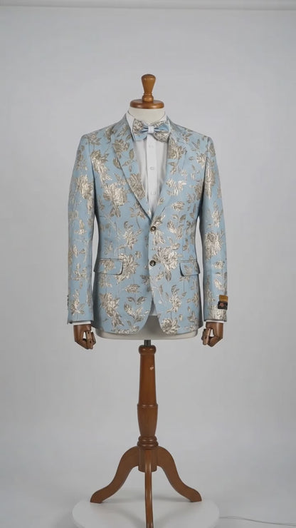 Men’s Sky Blue and Silver Foil Paisley Blazer, 2 Button Prom Wedding Party Dinner Jacket