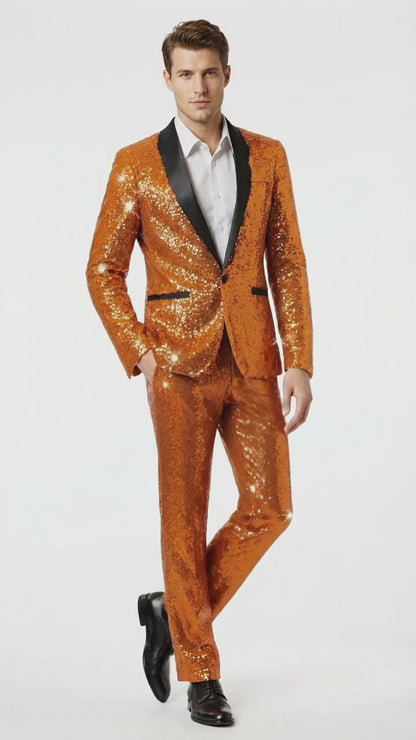 Mens Orange Sequin Tuxedo Suit – Shiny Wedding Suit Set with Black Lapel for Prom, Party, Gala and Formal Evening Wear - Goldish Orange