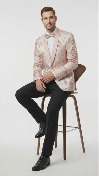 Mens Pink Blush Floral Jacquard Blazer with Embellished Shawl Lapel  Luxury Party and Wedding Wear Jacket