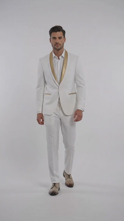 Men’s White and Gold Lapel 2-Piece Tuxedo Suit with Gold Glitter Shawl Lapel – Wedding, Prom and Dinner Jacket