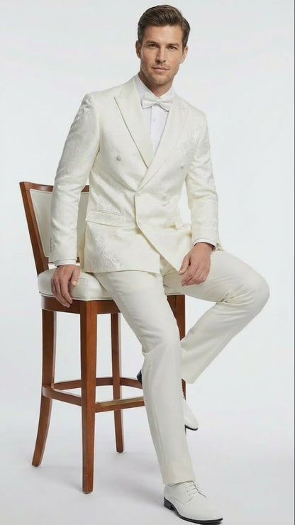 Mens Ivory Double Breasted Tuxedo Dinner Jacket  Textured Blazer Paisley Texture Pattern in Off White Cream Color  Bowtie