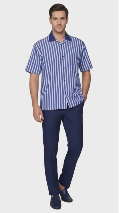 Mens Blue and White Vertical Stripe Short Sleeve Shirt Set  Casual Summer Two-Piece Outfit