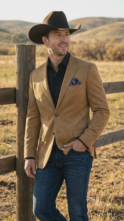 Men’s Camel Suede Cowboy Blazer with Elbow Patch – Camel Western Style Suede Sport Coat for Casual