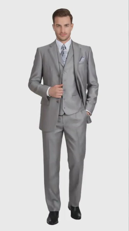 Mens Light Gray 3-Piece Modern Fit Suit with Vest  Classic Formal Business and Wedding Attire