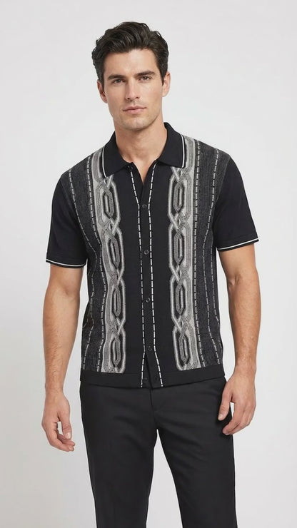 Mens Black and Gray Pattern Walking Suit Set – Short Sleeve Knit Shirt and Pants Casual Outfit for Summer, Travel and Everyday Wear