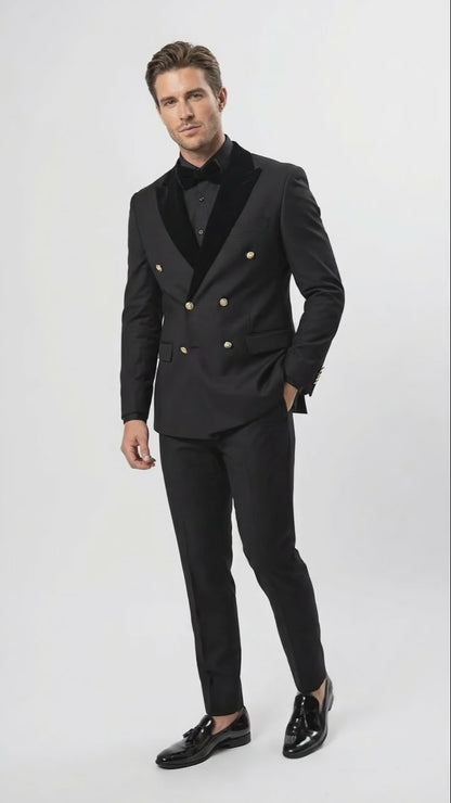 Mens Black Double Breasted Tuxedo Suit  Luxury Formal Dinner Jacket Gold Buttons Velvet Lapel