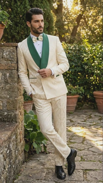 Men's Ivory and Emerald Green Jacquard Tuxedo Suit  Bowtie  3-Piece Formal Wedding, Prom, and Gala Outfit