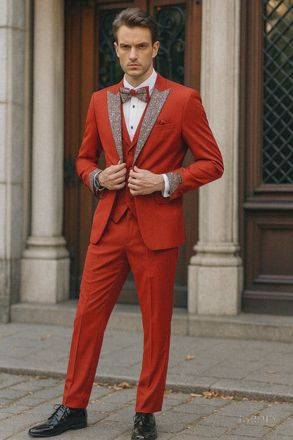 Mens Red And White Lapel Three-Piece Tuxedo with Sequin Lapel and Matching Bow Tie - Chirstmas Suit