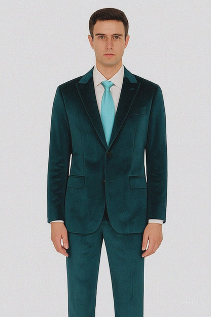 Tazzio Mens Teal Velvet Blazer & Trousers  Slim Fit 2-Piece Tuxedo Look