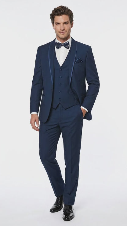 Men’s Sapphire Blue Vested Shawl Lapel Tuxedo with Satin Trim, Formal Wedding Prom Dinner Suit Set