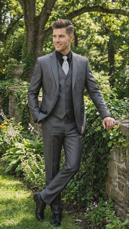 Mens Charcoal Gray Suit With Sheen -  | Shiny Texture Fabric Three Piece Wedding and Party Business