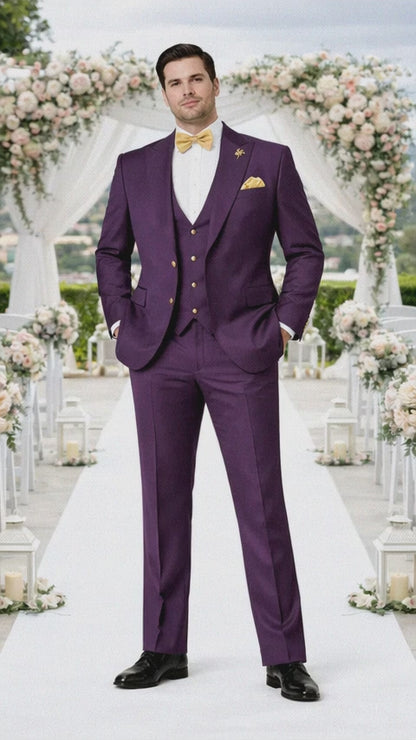 Plum Suit - Purple Suit With Gold Buttons With Double Breasted Vest - Rossiman Suits