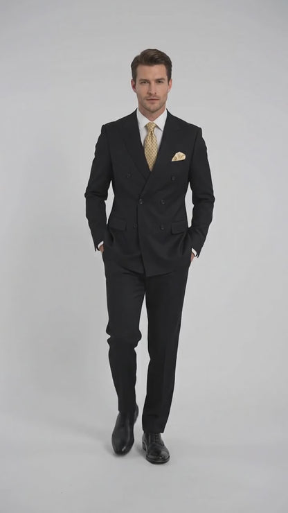 Men’s Black 100% Wool Double-Breasted Suit – Classic Business, Wedding and Formal Suit