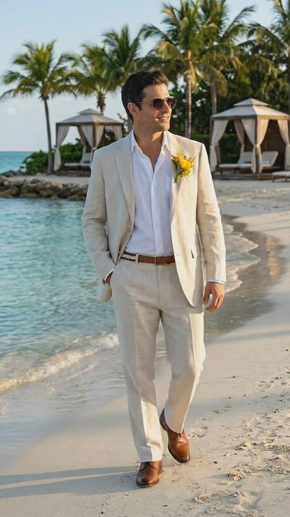 Men’s Natural Sand Light Tan Linen Suit, Summer Beach Wedding Formal Suit Set