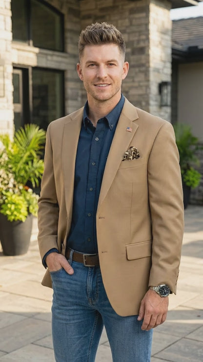Mens Khaki Camel Bronze Taupe Blazer, Classic Business Casual Wedding Sport Coat Jacket in Tan Color