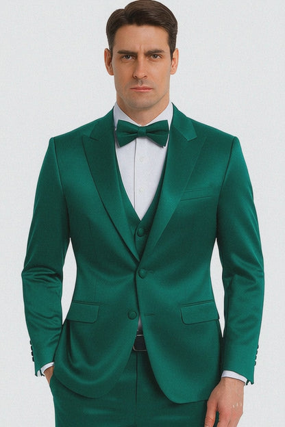 Elegant Green Satin Slim Fit 3 Piece Tazzio Men's Suit with Peak Lapel