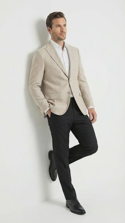 Zacchi Men’s Beige Hopsack Blazer – Classic Two Buttons Sport Coat with Peak Lapel Formal Jacket