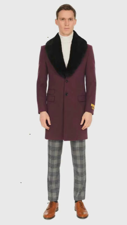 Mens Purple Pimp Coat - Overcoat with Black Faux Fur Collar  Luxury Winter Dress Coat for Formal and Casual Wear