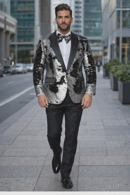 Black & Silver Gray Sequin Tuxedo Jacket for Men  Paired with Black Pants