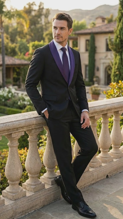 Mens Black Suit with Purple Lapel – Elegant Formal Tuxedo Style Suit for Wedding, Prom, Party and Evening Wear