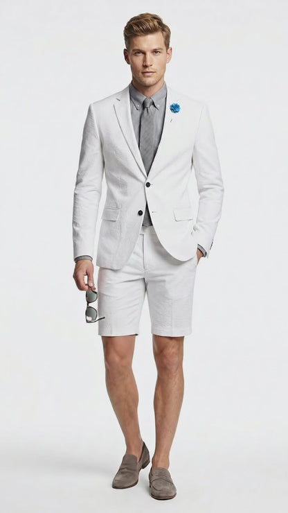 Men’s Cotton Fabric White 2 Piece Summer Suit with Shorts, Casual Beach Wedding and Resort Formal Outfit