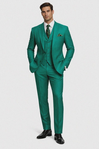 In Aguasta Green - Emerald Color Zacchi Men's 3 Piece Poplin Suit  Spring Colors & Award Winning Design