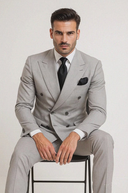 Suits With Baggy Pleated Pants - Wide Leg Pants 100% Wool - Classic Fit in Grey Color by Rossiman