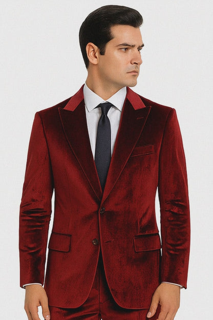 Tazzio Mens Burgundy Velvet Suit  Designer 2-Piece Slim Fit Tuxedo Style