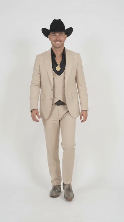 Men’s Light Beige Western 3 Piece Suit, Cowboy Tuxedo with Shawl Lapel
