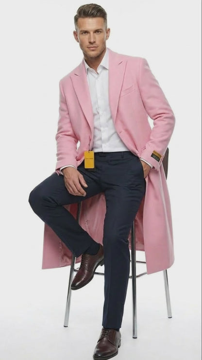 Mens Pink Wool Blend Long Overcoat  Slim Fit Tailored Winter Coat - Carcoat - Topcoat