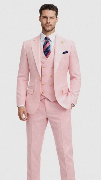 Rossiman Men's Pink Suit ?? 1-Button Peak Lapel Jacket & Double-Breasted Vest