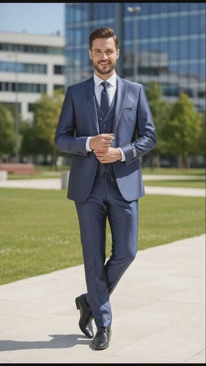 Mens Navy Blue Shiny Finish 3-Piece Suit Set  Premium Tailored Fit Formal Wedding and Party Sateen Slim Fitted Suit