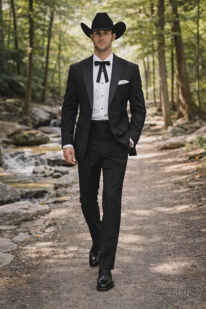 Mens 2 Button Notch Lapel Cowboy Tuxedo in Black