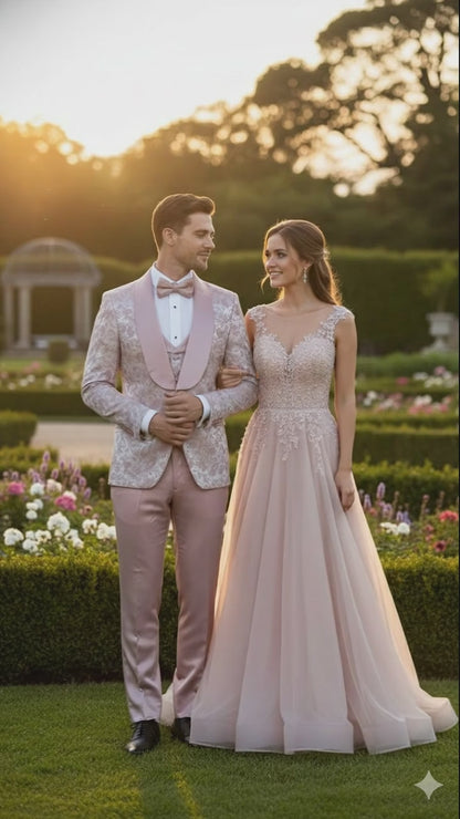 Mens Light Pink Dusty Rose -  Floral Tuxedo Suit  Luxury Satin Shawl Lapel 3-Piece Formal Wedding and Prom Suit in Blush Mauve color