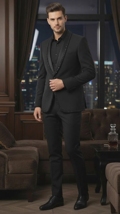 Mens Classic Black Designer Blazer with Beaded Lapel  Elegant Formal and Party Wear Dinner Jacket For Groom