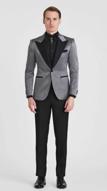 Silver Metallic Tuxedo Suit with Black Satin Peak Lapel  Mens Slim Fit Formal Wedding and Prom Attire in Charcoal Grey With Pants