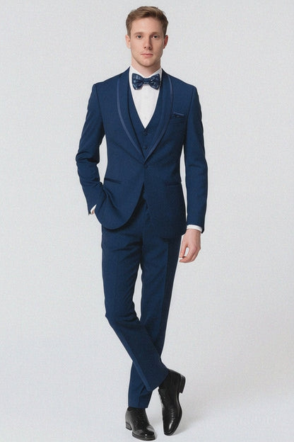 Mens Navy Blue with Blue Trim Three-Piece Tuxedo with Satin Shawl Lapel and Bow Tie Wedding Suit