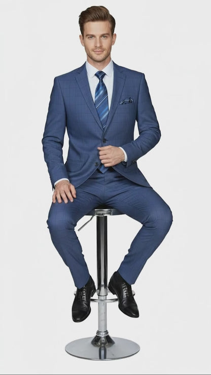 Mens Indigo Navy Blue Windowpane Check Suit  Classic 2-Piece Formal Business and Wedding Wear Set in Cobalt Blue
