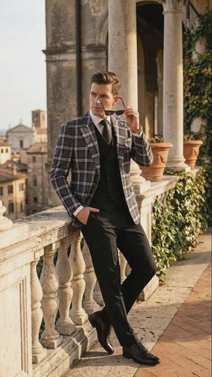 Mens Big and Tall Charcoal Gray and Black Plaid Blazer  Grey Checker Windowpane Sport Coat